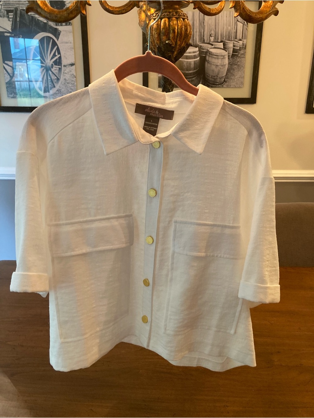Olivia & Martin White Short-Sleeve Button-Front Boxy Shirt with Gold Buttons